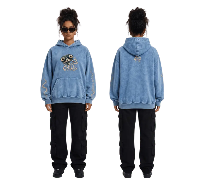 Blue acid wash oversized hoodie with CHILL chest print and No Rush sleeve