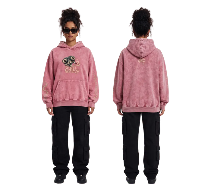 Pink acid wash oversized hoodie with CHILL chest print and No Rush sleeve