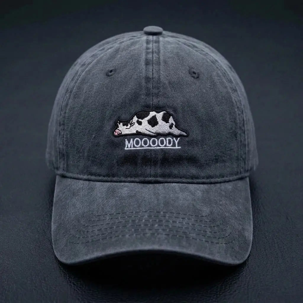 Moooody Washed Cap – Embroidered Cow Streetwear Cap