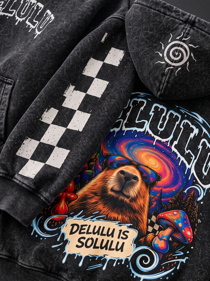 Dark grey acid wash hoodie with melting DELULU chest print and checkerboard sleeve