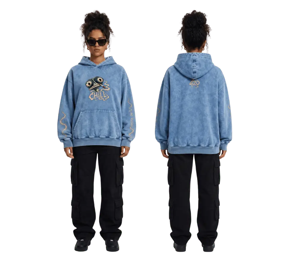 Blue acid wash oversized hoodie with CHILL chest print and No Rush sleeve