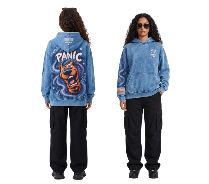 Blue acid wash oversized hoodie with PANIC cosmic full-back print