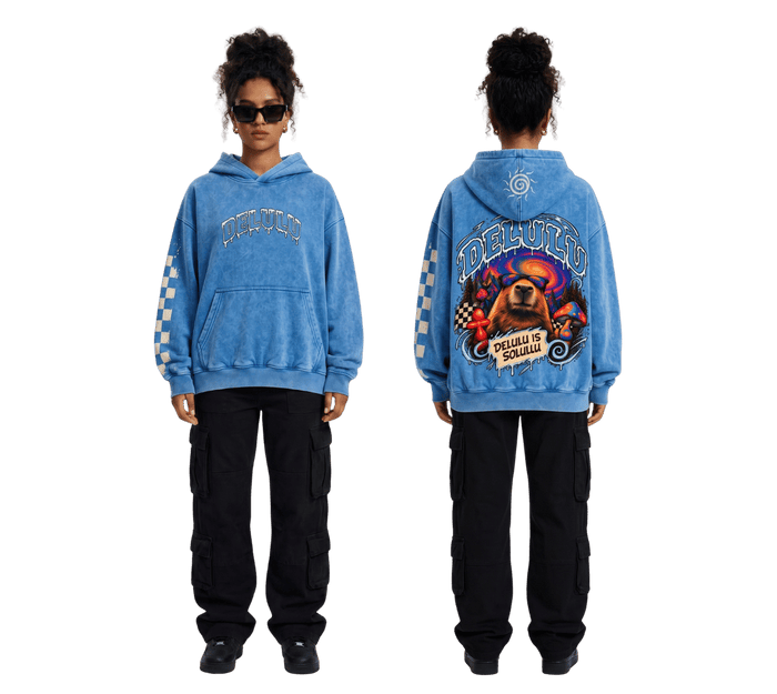 Blue acid wash oversized hoodie with capybara and Delulu Is Solulu back print