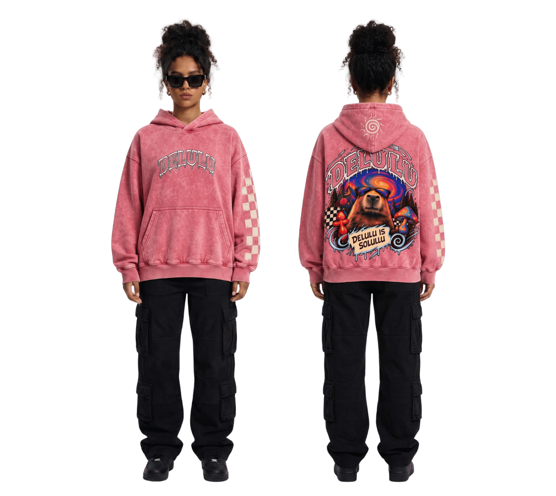 Pink acid wash oversized hoodie with capybara and Delulu Is Solulu back print