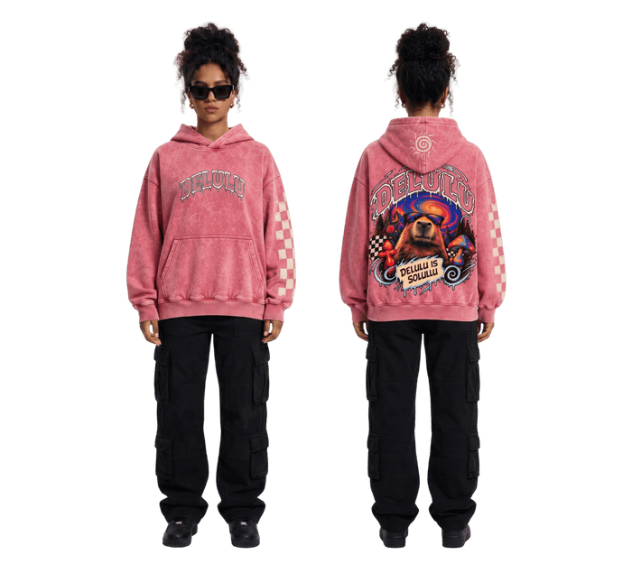 Pink acid wash oversized hoodie with capybara and Delulu Is Solulu back print