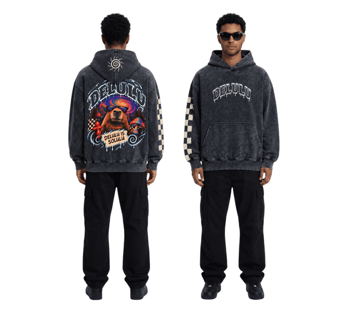Dark grey acid wash oversized hoodie with capybara and Delulu Is Solulu back print
