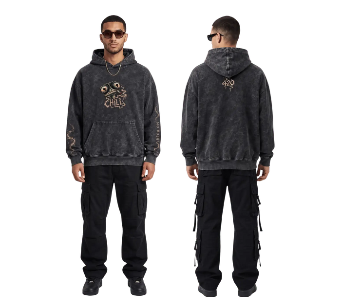Dark grey acid wash oversized hoodie with CHILL chest print and No Rush sleeve