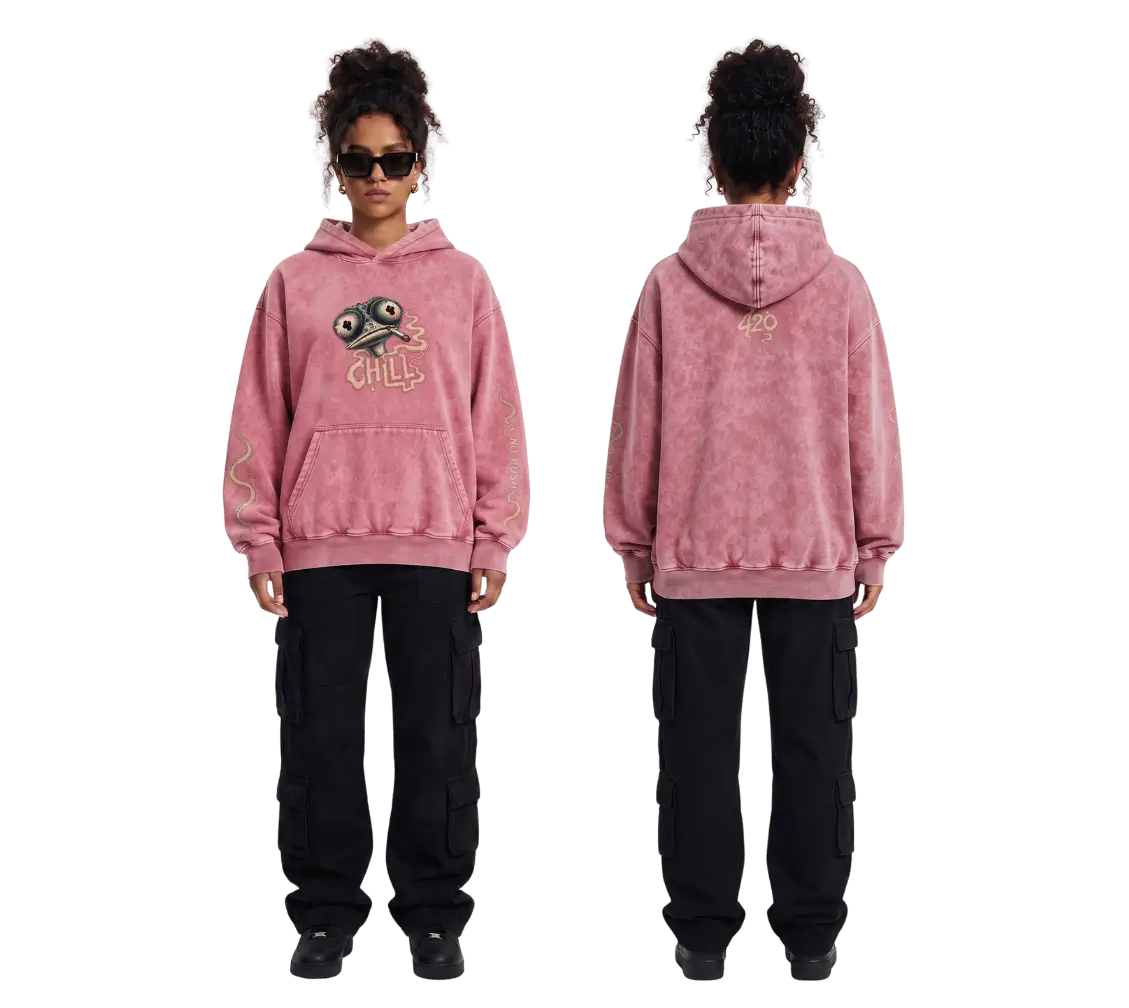 Pink acid wash oversized hoodie with CHILL chest print and No Rush sleeve